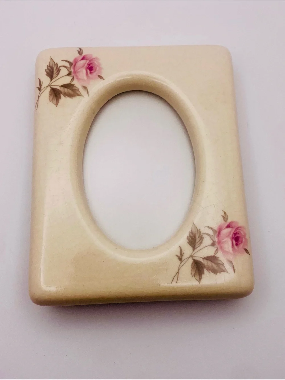 Ceramic Ivory Photo Frame with Pink Rose Accents